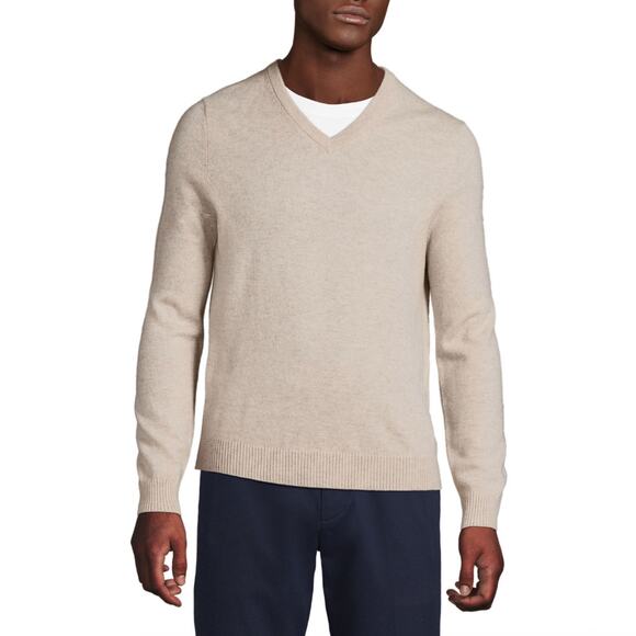 Lands’ End Men’s L 100% Cashmere V-Neck Sweater | Beige Tan, Luxury Gift $200 - Picture 2 of 5